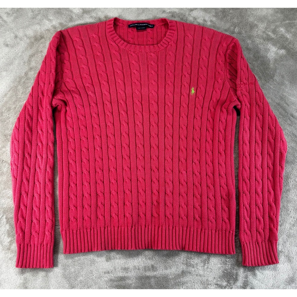Ralph‎ Lauren Golf Sweater Womens L Pink Cable Knit Crew Neck Pony Logo Good